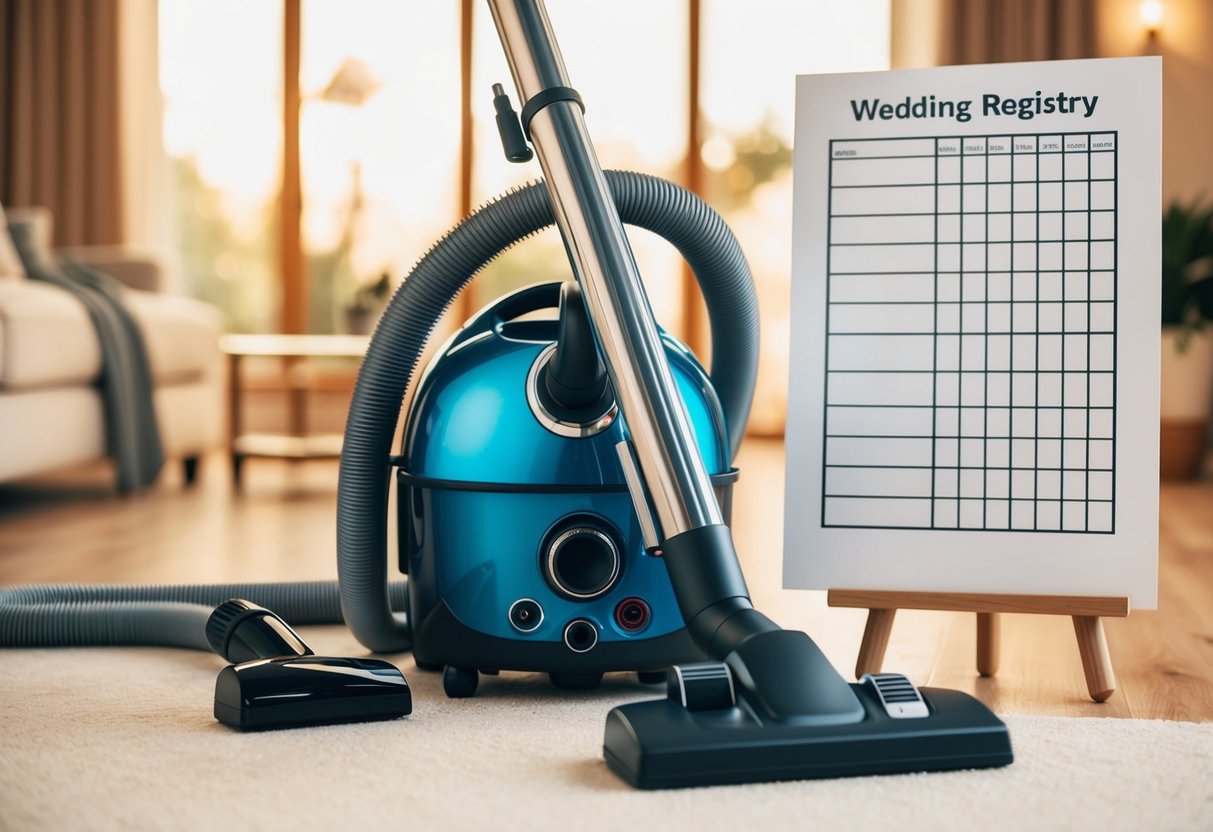 A vacuum cleaner placed next to other household items on a wedding registry checklist