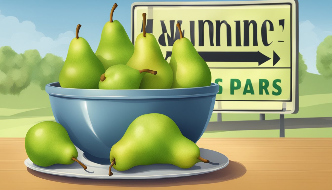 A bowl of unripe pears next to a warning sign