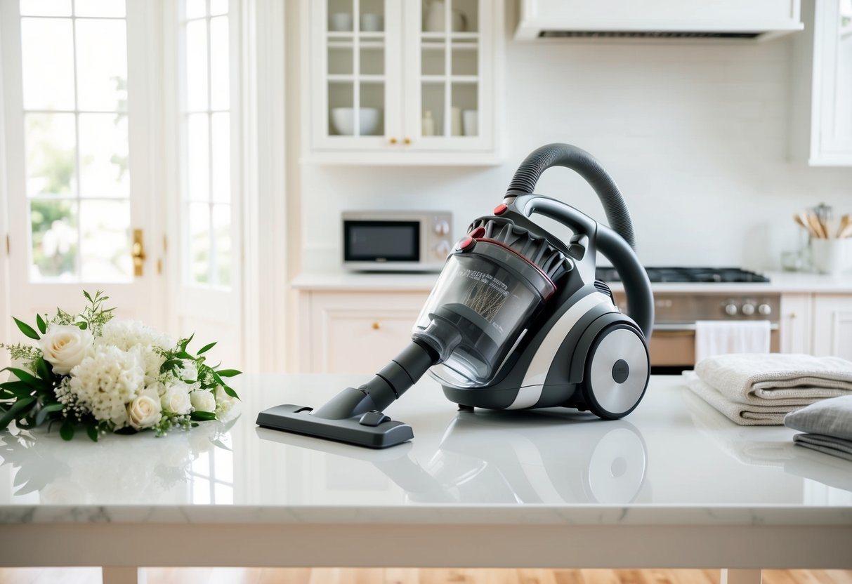 A vacuum cleaner placed on a pristine white wedding registry table, surrounded by elegant home goods and appliances