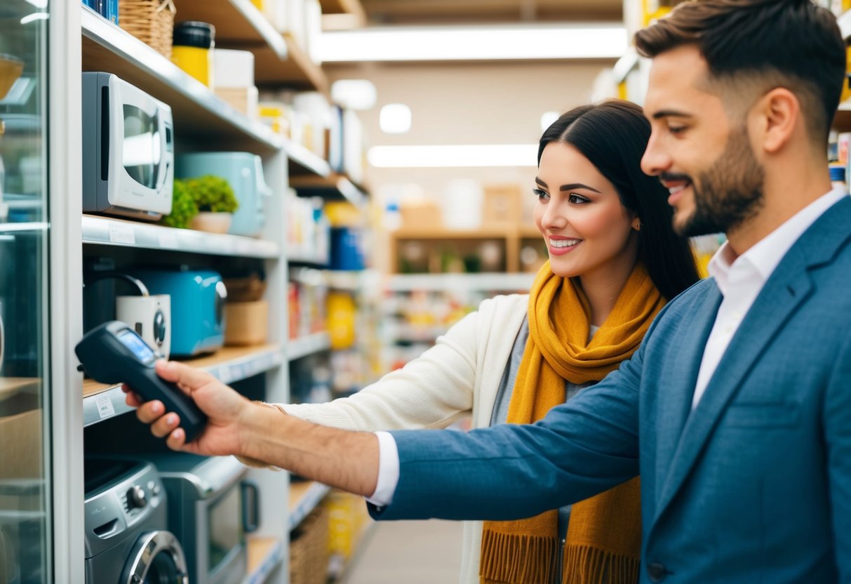 A couple selecting items from a variety of household goods and appliances, scanning them with a barcode reader