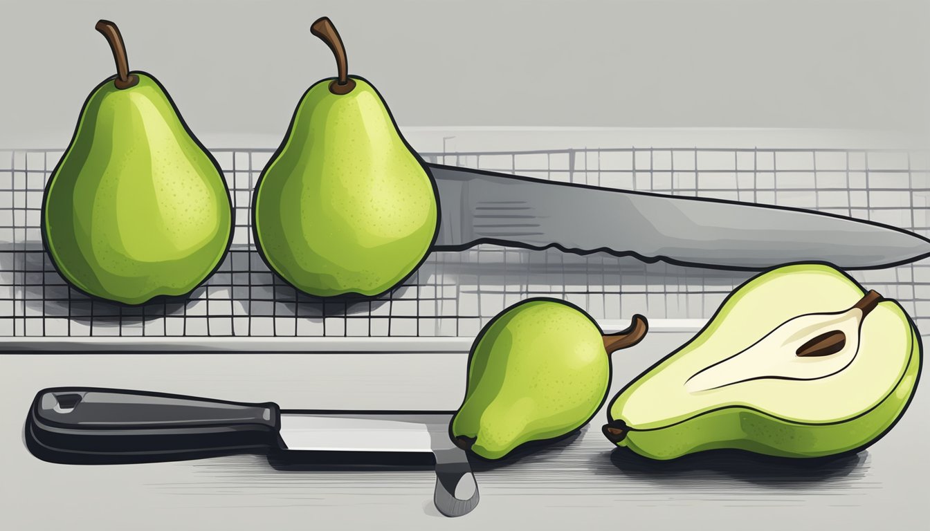 An unripe pear being sliced and prepared for cooking