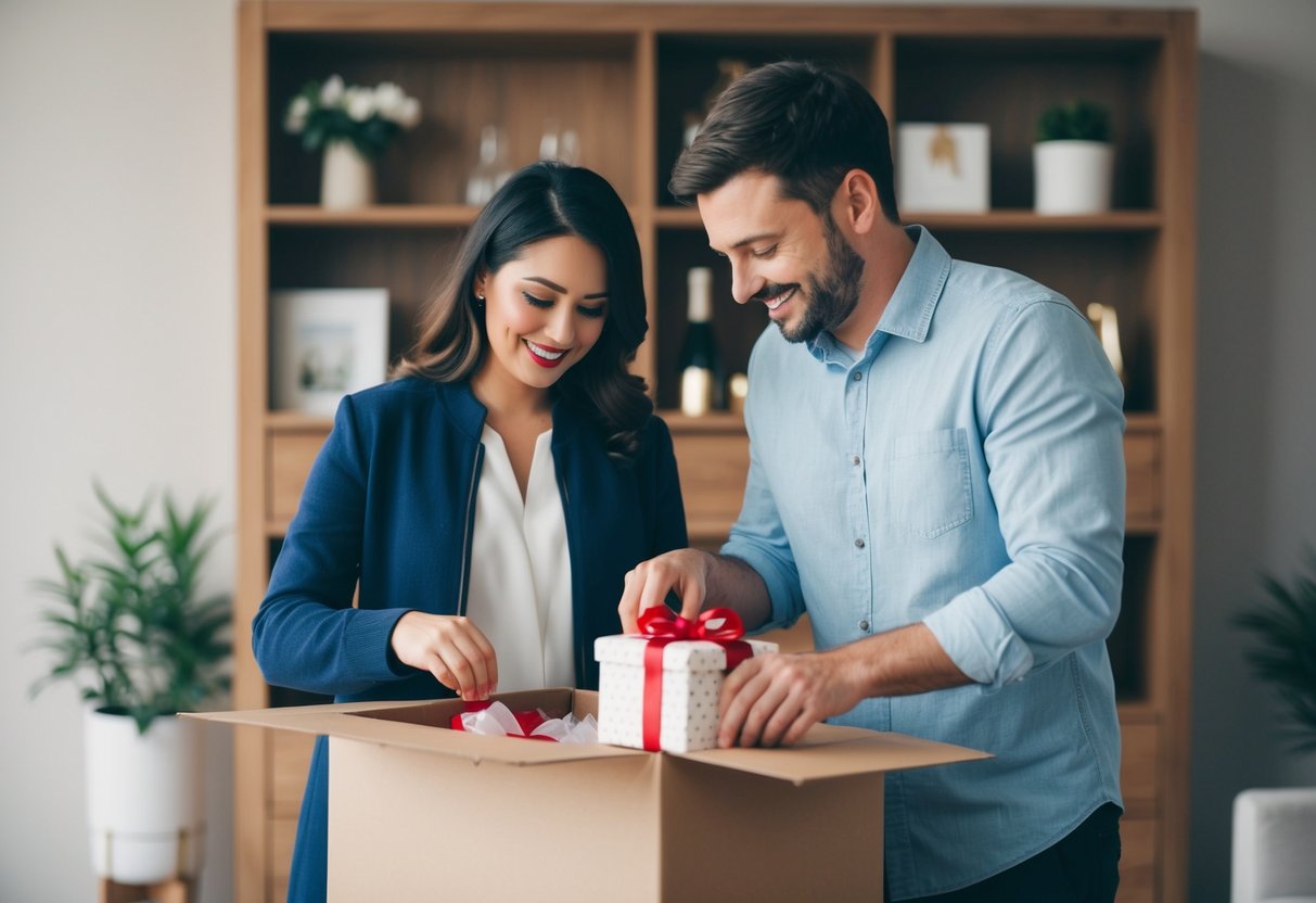 A couple opening a package of wedding gifts at home
