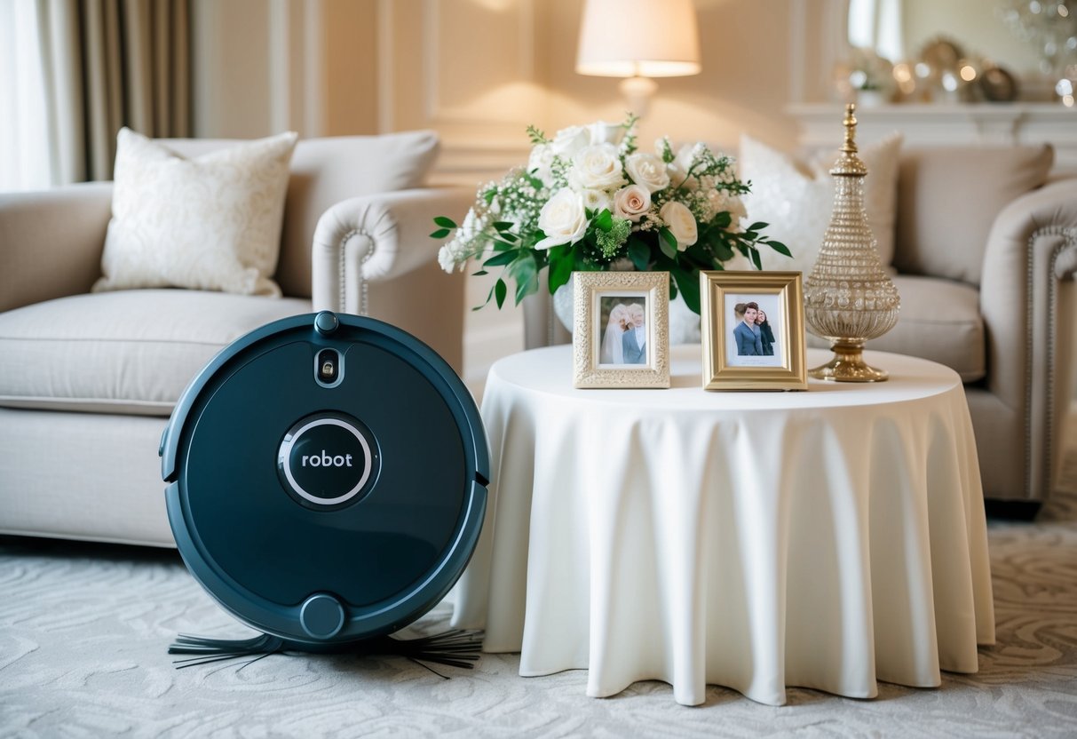 A robot vacuum stands next to a beautifully decorated wedding registry table, surrounded by elegant home decor items