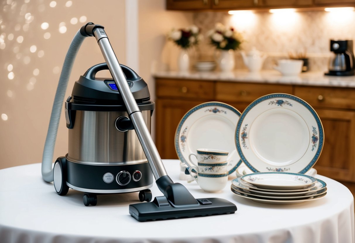 A vacuum placed next to elegant dinnerware and kitchen appliances on a wedding registry