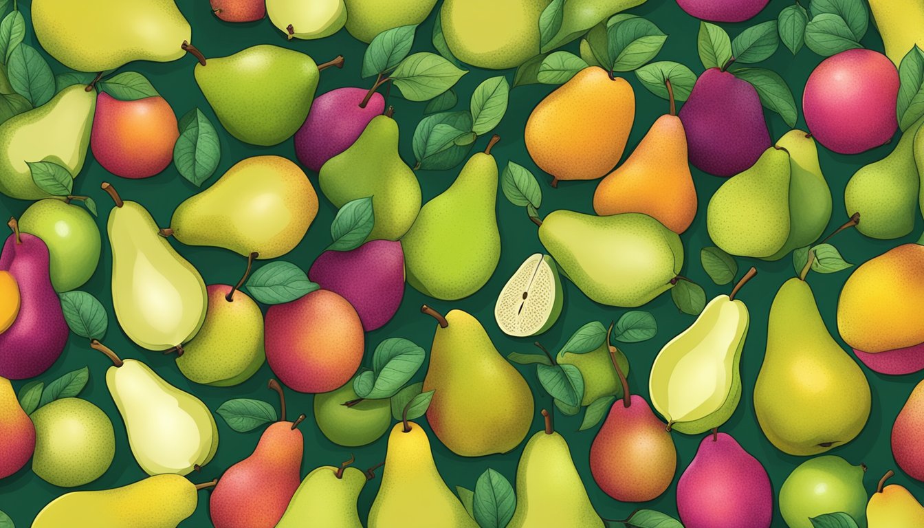 A group of unripe pears surrounded by various other fruits, showcasing their differences in color, texture, and size