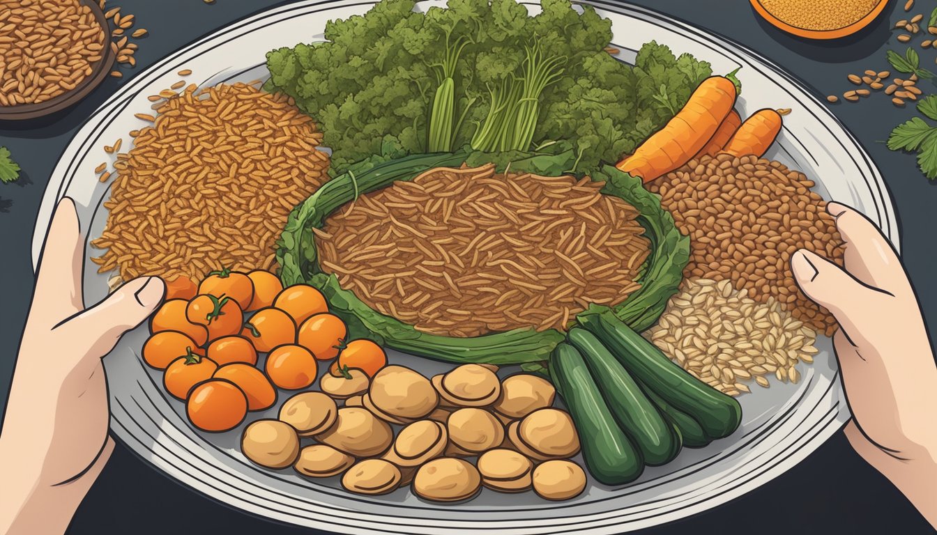 A person holding a plate of cooked mealworms with a variety of vegetables and grains, showcasing the nutritional profile of mealworms as a safe and sustainable food source