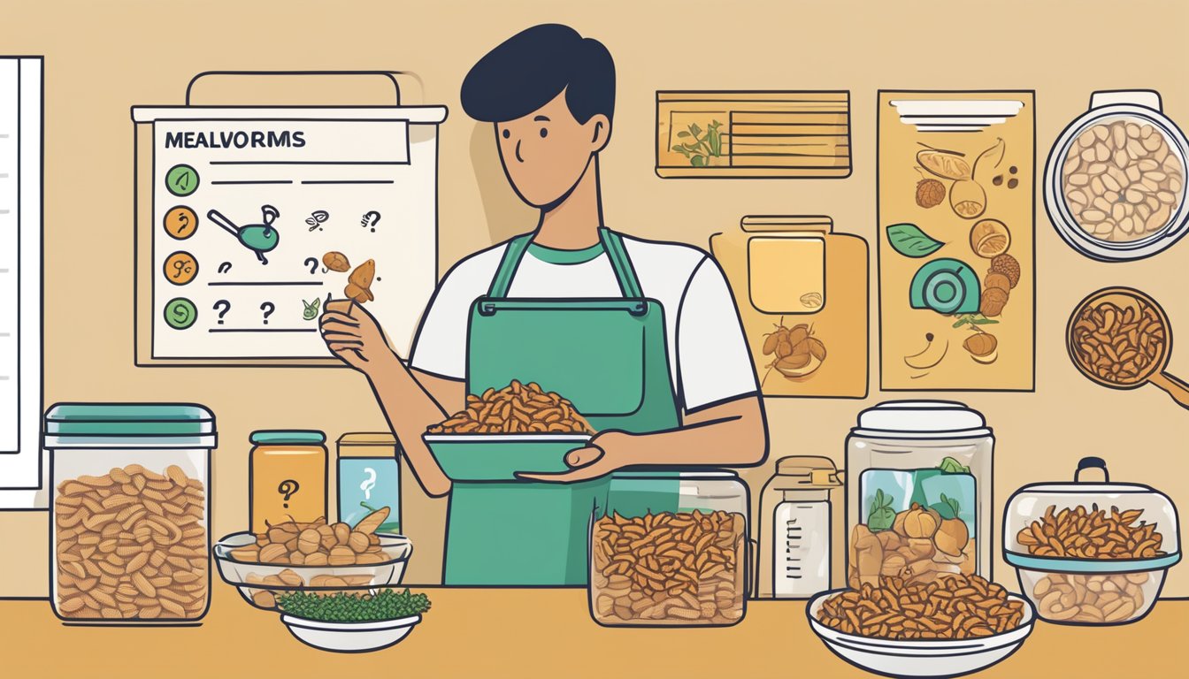 A person holding a container of mealworms with a question mark above their head, surrounded by various food allergy symbols and a food safety checklist