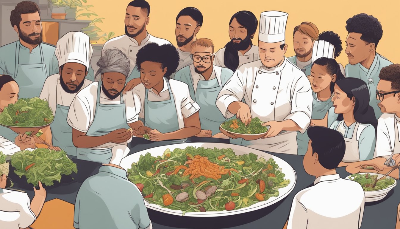 A chef sprinkles mealworms onto a salad, while a group of people watch with curiosity and skepticism