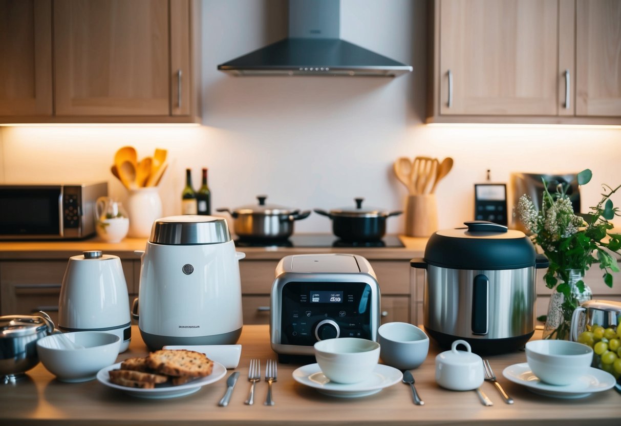 A table filled with kitchen appliances, dinnerware, and home decor items