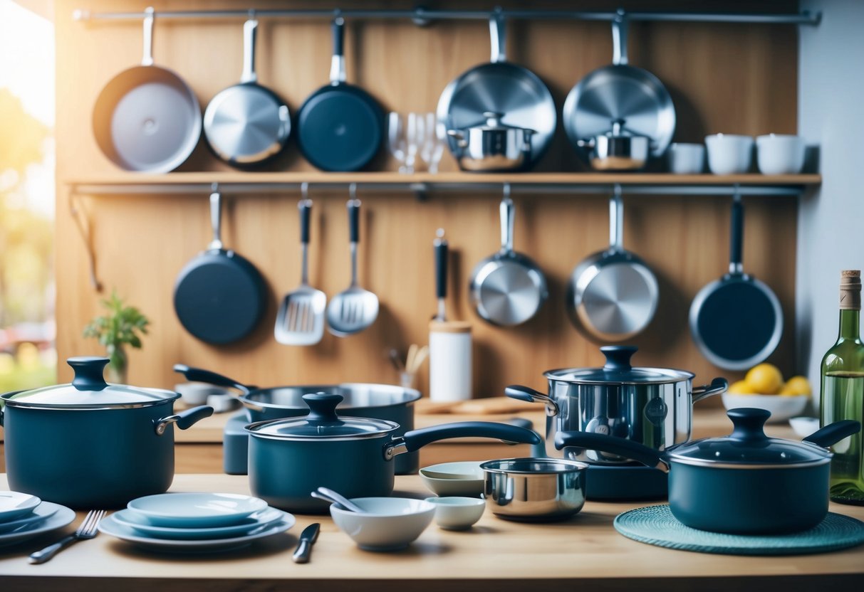 A kitchen scene with pots, pans, utensils, dishes, glasses, and cutlery arranged on a table or shelves