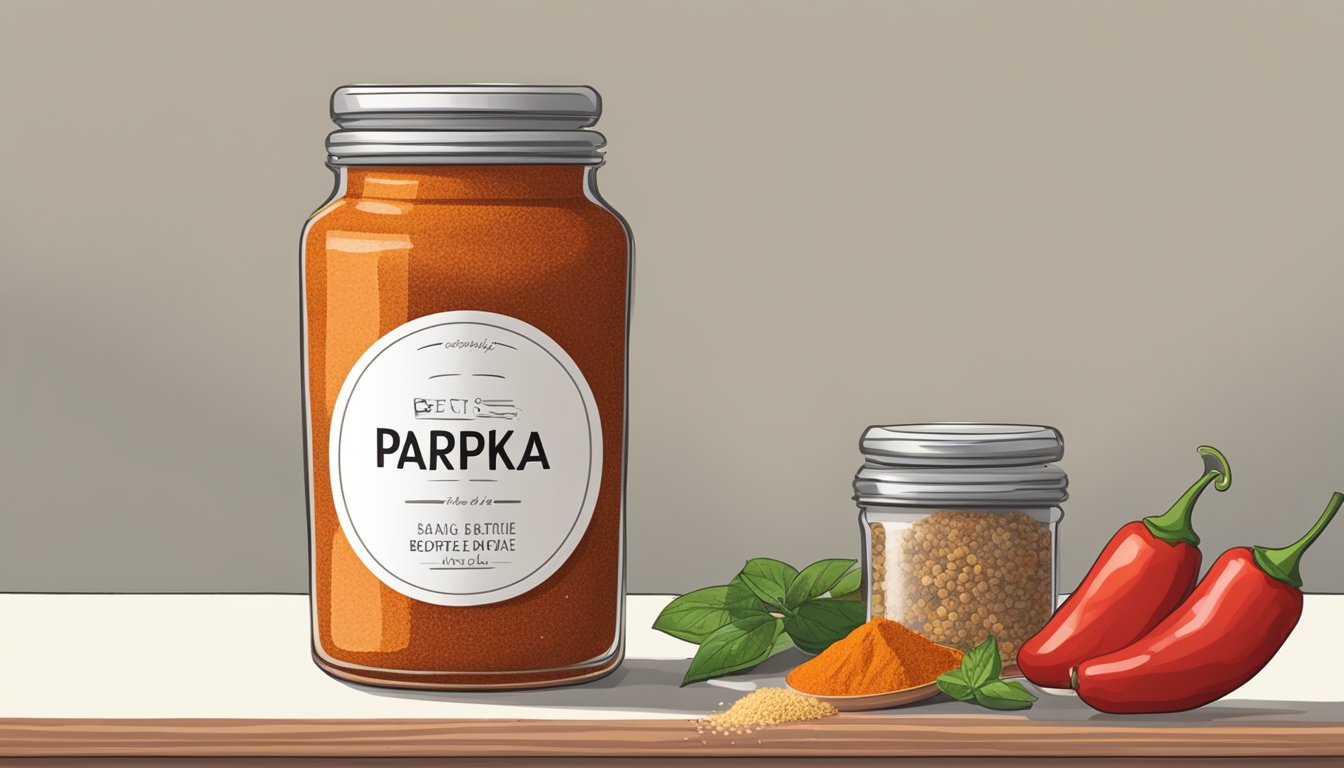 A jar of paprika with a "best before" date passed, surrounded by other spices on a shelf