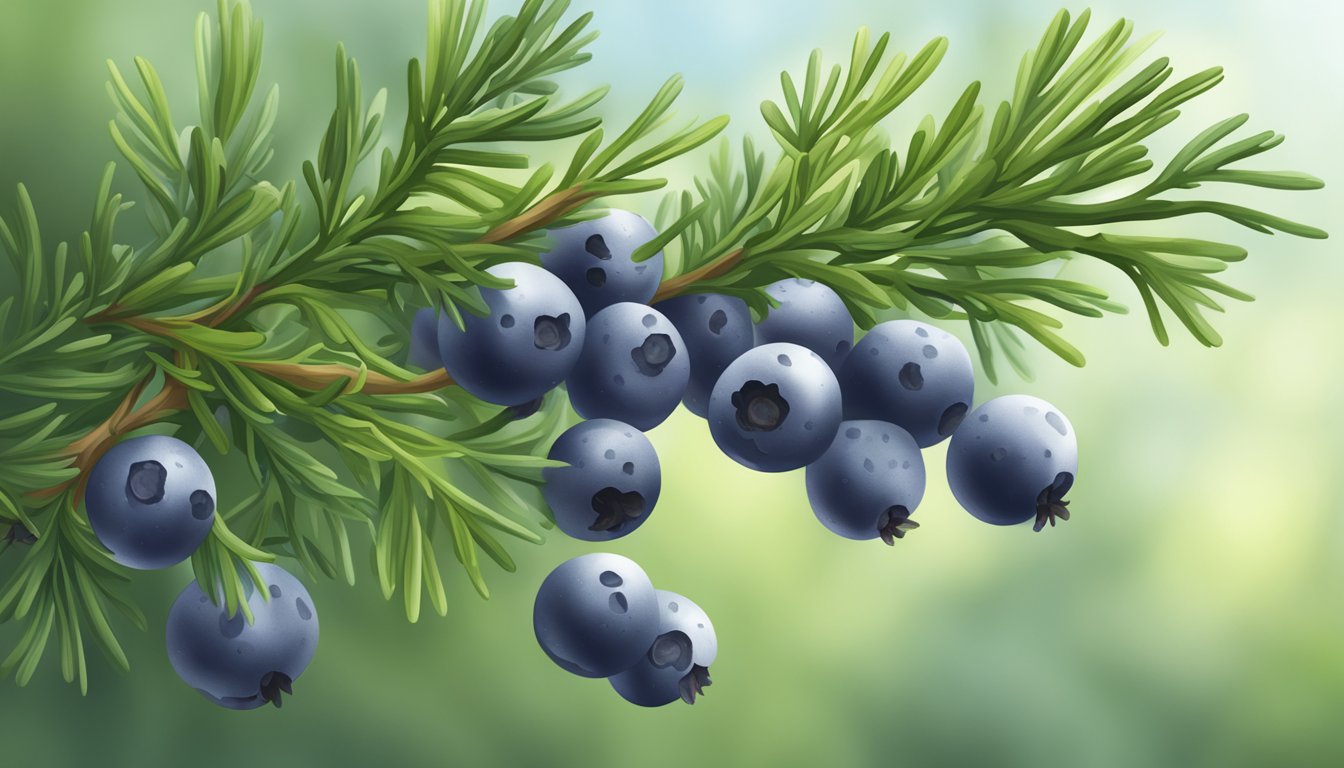 A cluster of ripe juniper berries hanging from a branch, surrounded by green foliage and small, needle-like leaves