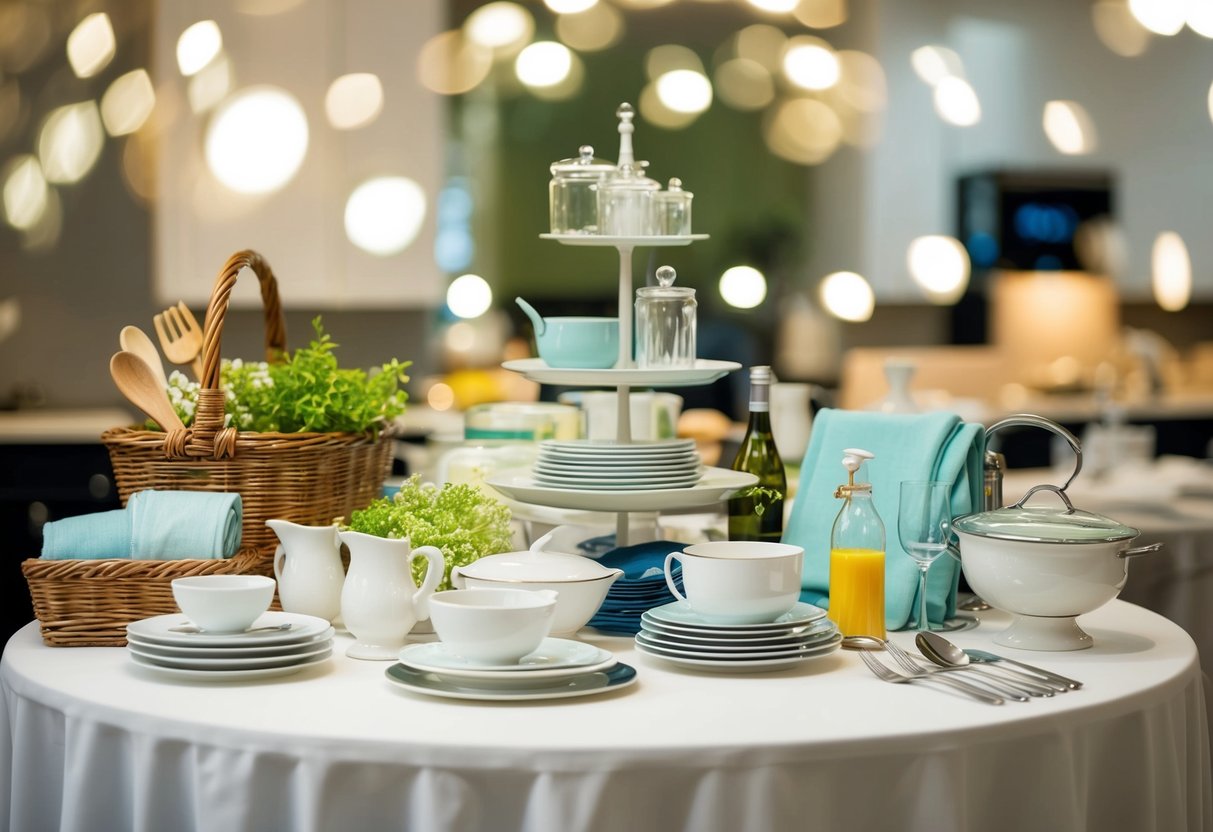 A table with various household items, from kitchenware to linens, displayed for a wedding registry