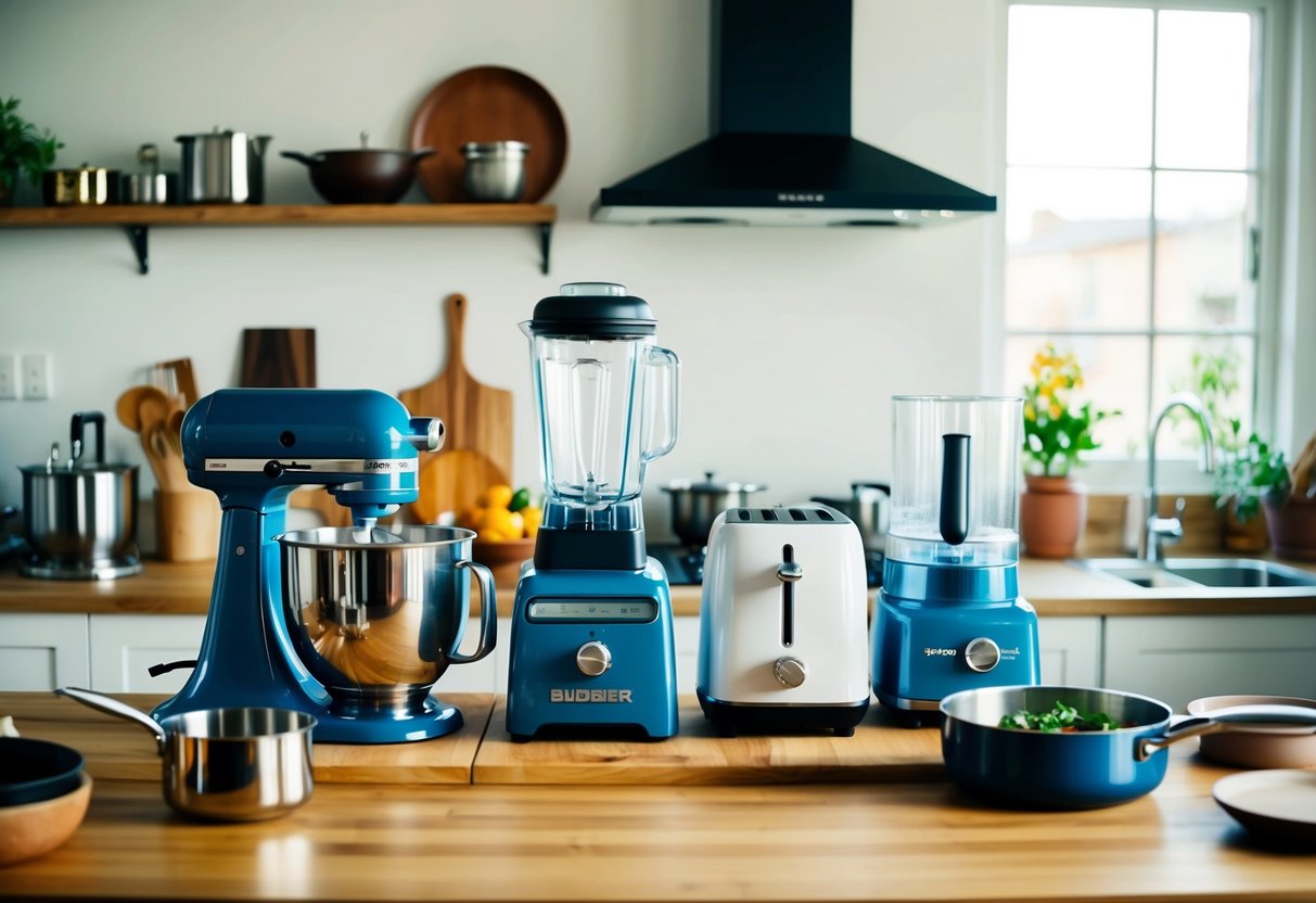 A kitchen filled with a stand mixer, blender, coffee maker, toaster, and food processor, surrounded by pots, pans, and utensils