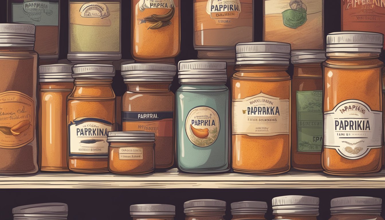 A jar of paprika with a faded label sits on a cluttered spice shelf, surrounded by other jars and containers. The paprika inside appears dull and discolored