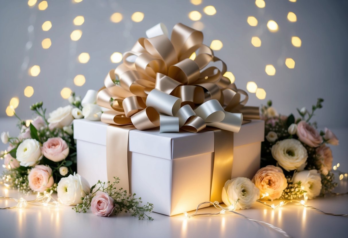 A beautifully wrapped gift box overflowing with elegant ribbons and bows, surrounded by delicate floral arrangements and twinkling fairy lights