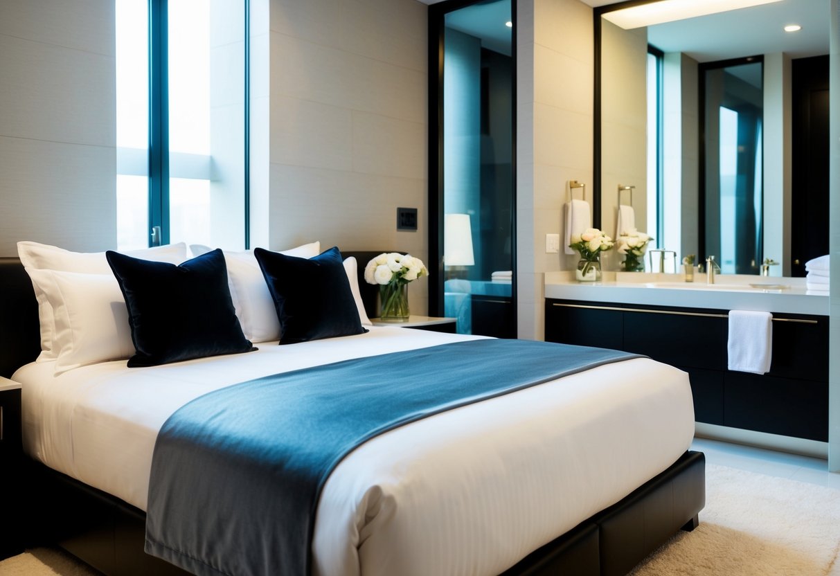 A beautifully set bed with luxurious linens and pillows, alongside a modern bathroom with plush towels and sleek accessories