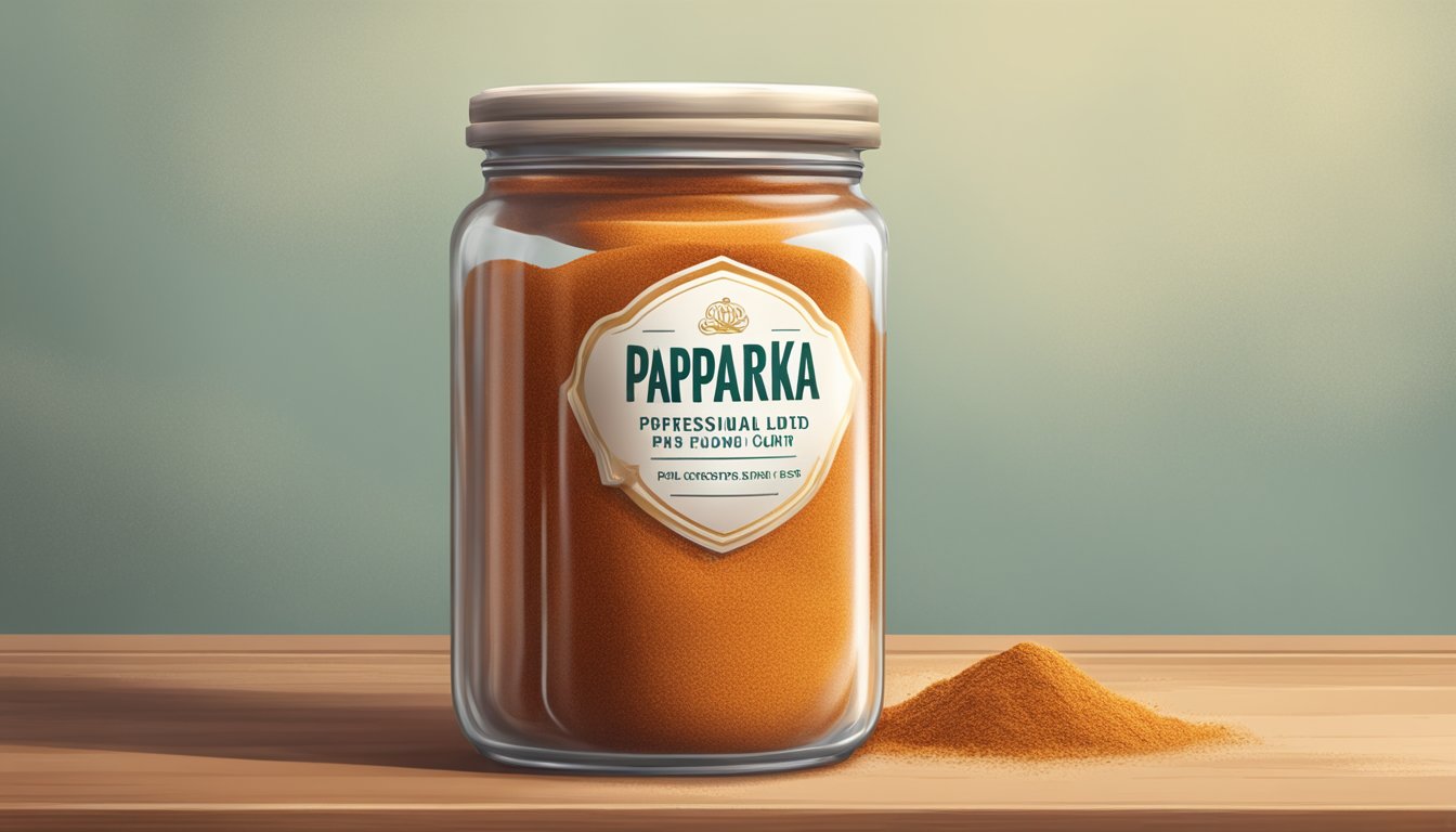 A jar of expired paprika sits on a kitchen shelf, covered in dust