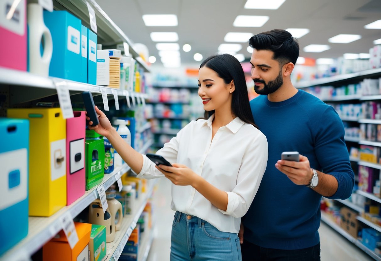 A couple browsing through a variety of household items and scanning them with a handheld device at a department store