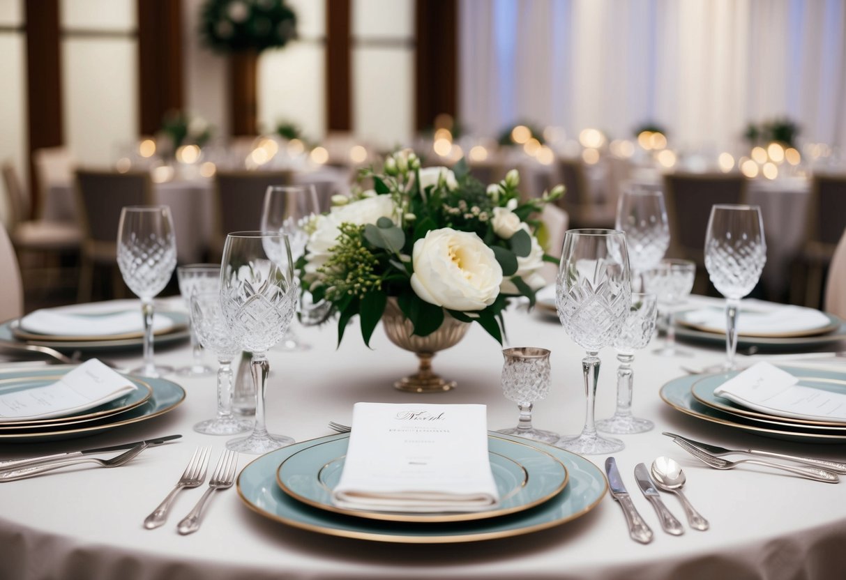 A table with fine china, crystal glassware, silver flatware, and elegant linens displayed