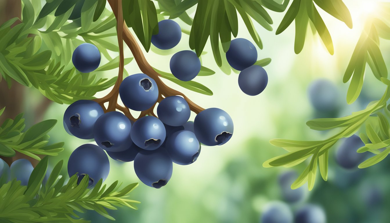 A cluster of juniper berries hanging from a branch, surrounded by lush green leaves, with sunlight filtering through the foliage