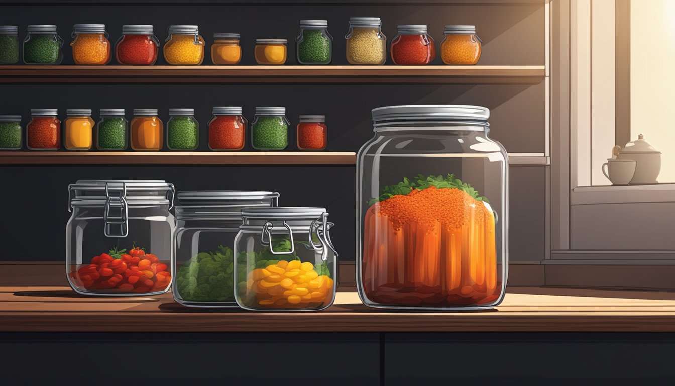 A glass jar of paprika sits on a shelf in a cool, dark pantry, away from direct sunlight and heat sources