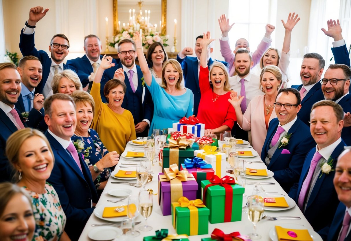 A table adorned with gifts, surrounded by joyful guests at a British wedding celebration
