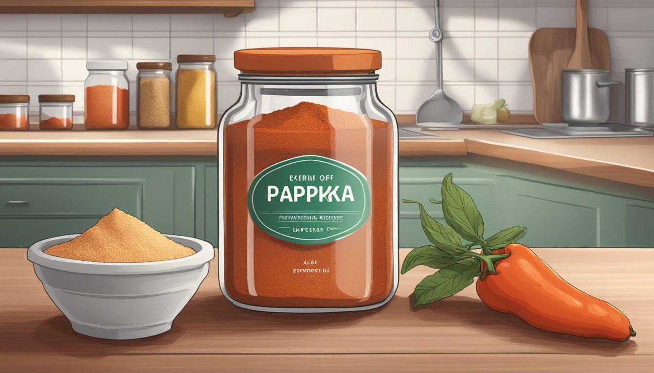 A jar of expired paprika sits on a kitchen counter, next to fresh spices. The label is faded, and the powder inside appears dull and clumped