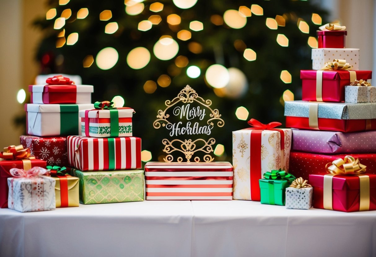 A table with assorted gifts, a decorative sign indicating the couple's names, and a stack of wrapped presents