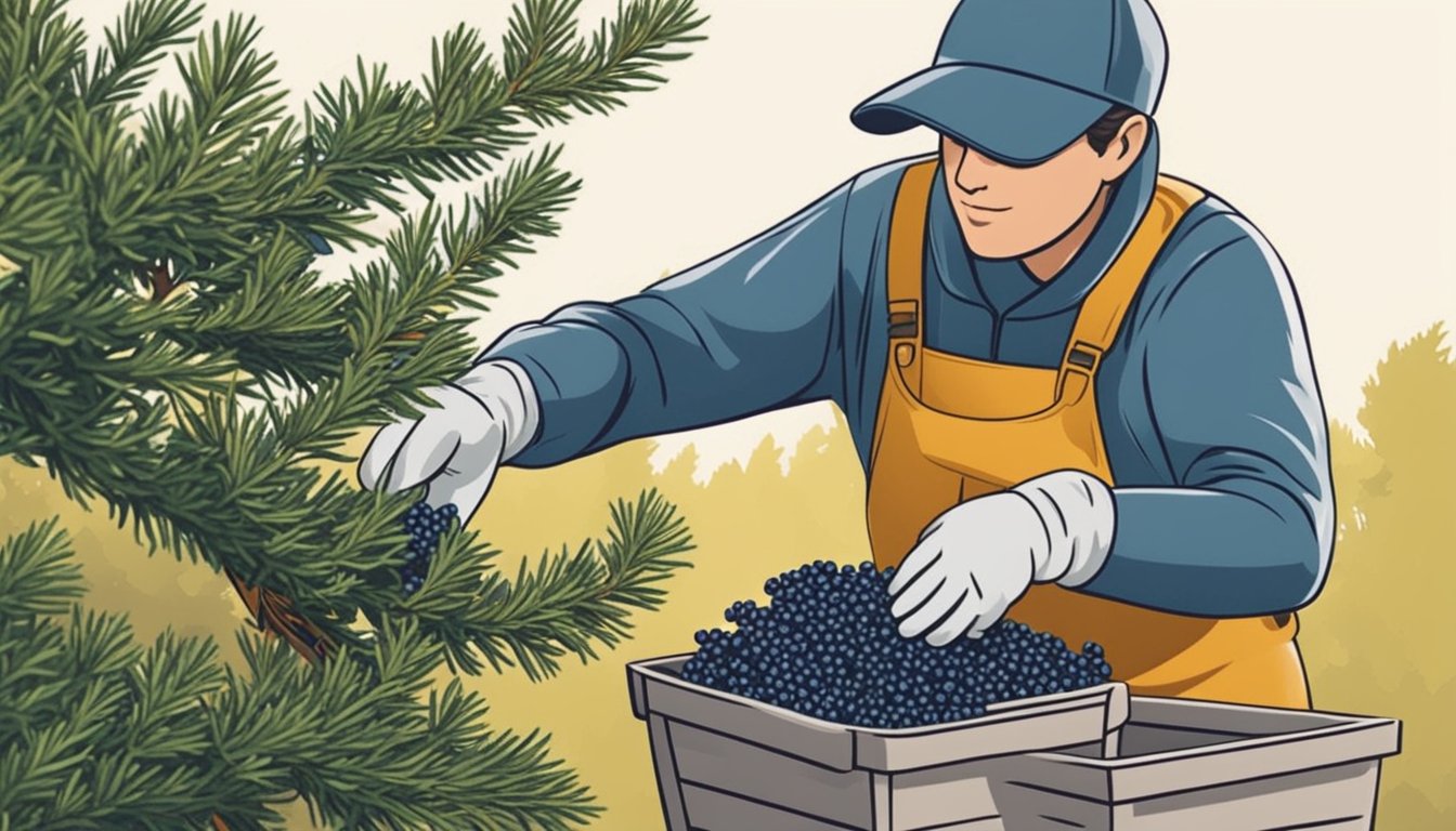 A person carefully picks juniper berries from a bush, wearing gloves and using a small basket to collect them. They inspect the berries for ripeness and quality before placing them in the basket