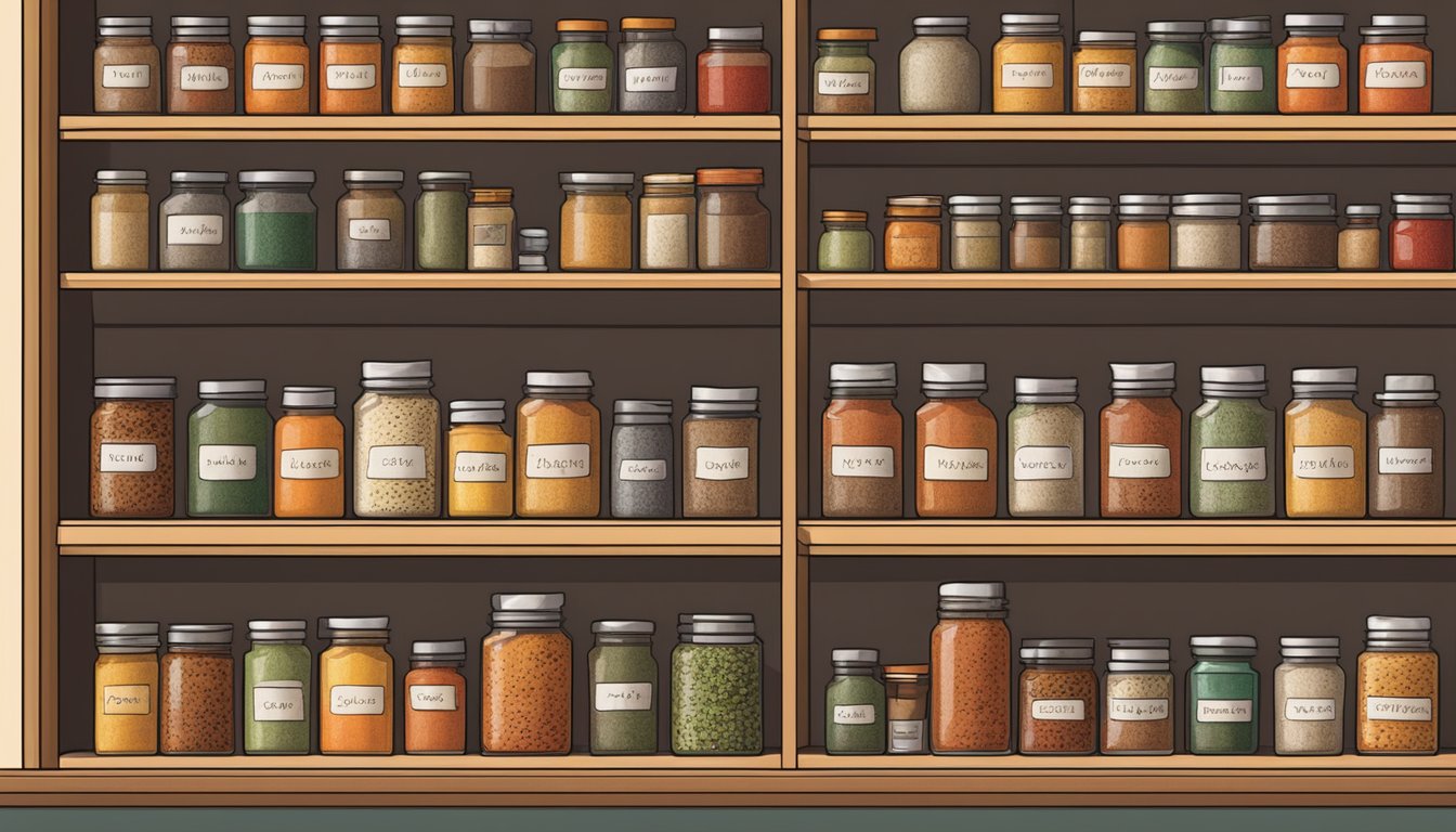 A shelf filled with various spice jars, including paprika. A calendar on the wall shows an expired date