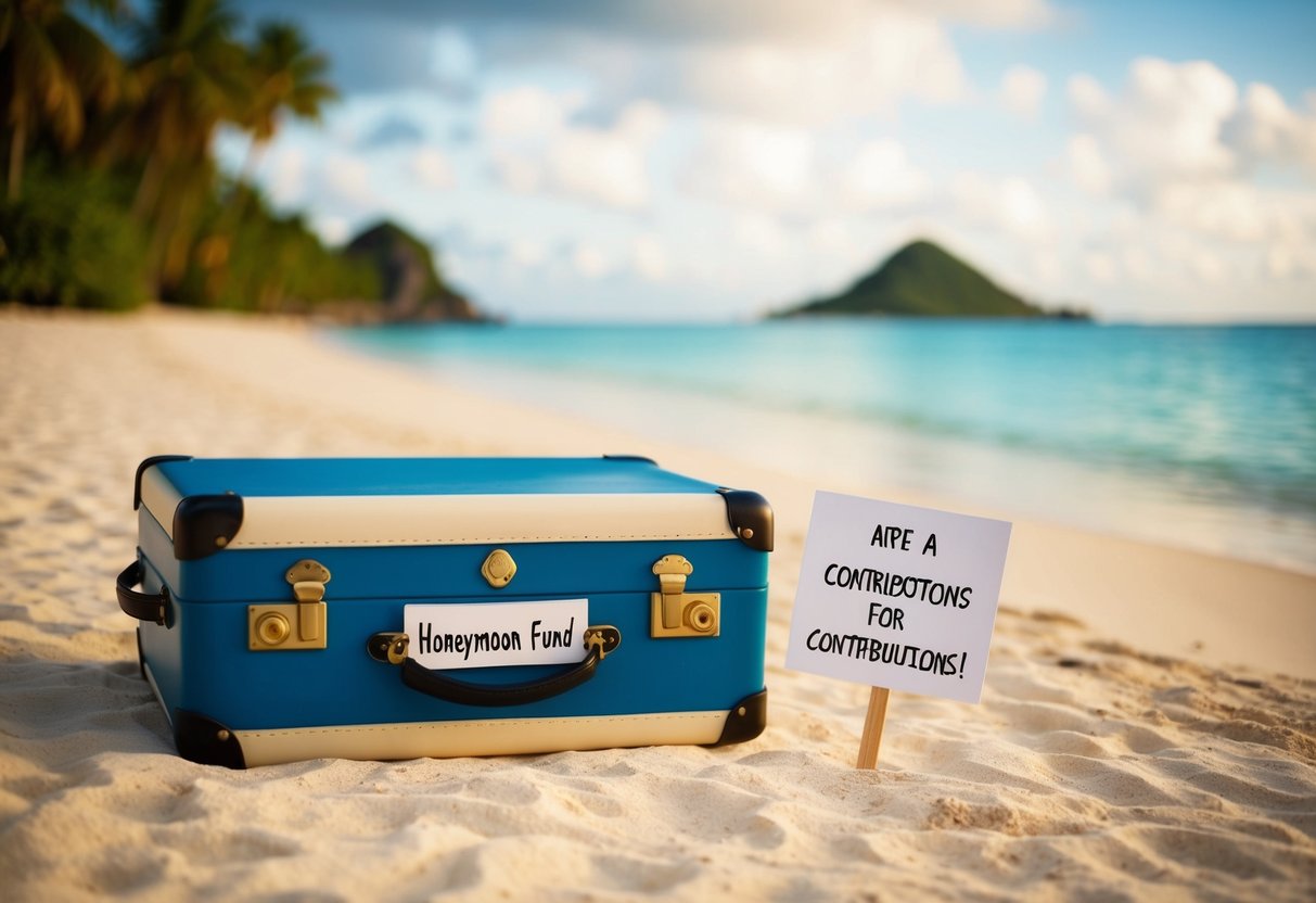 A couple's suitcase with a label reading "Honeymoon Fund" next to a tropical beach scene and a small sign asking for contributions