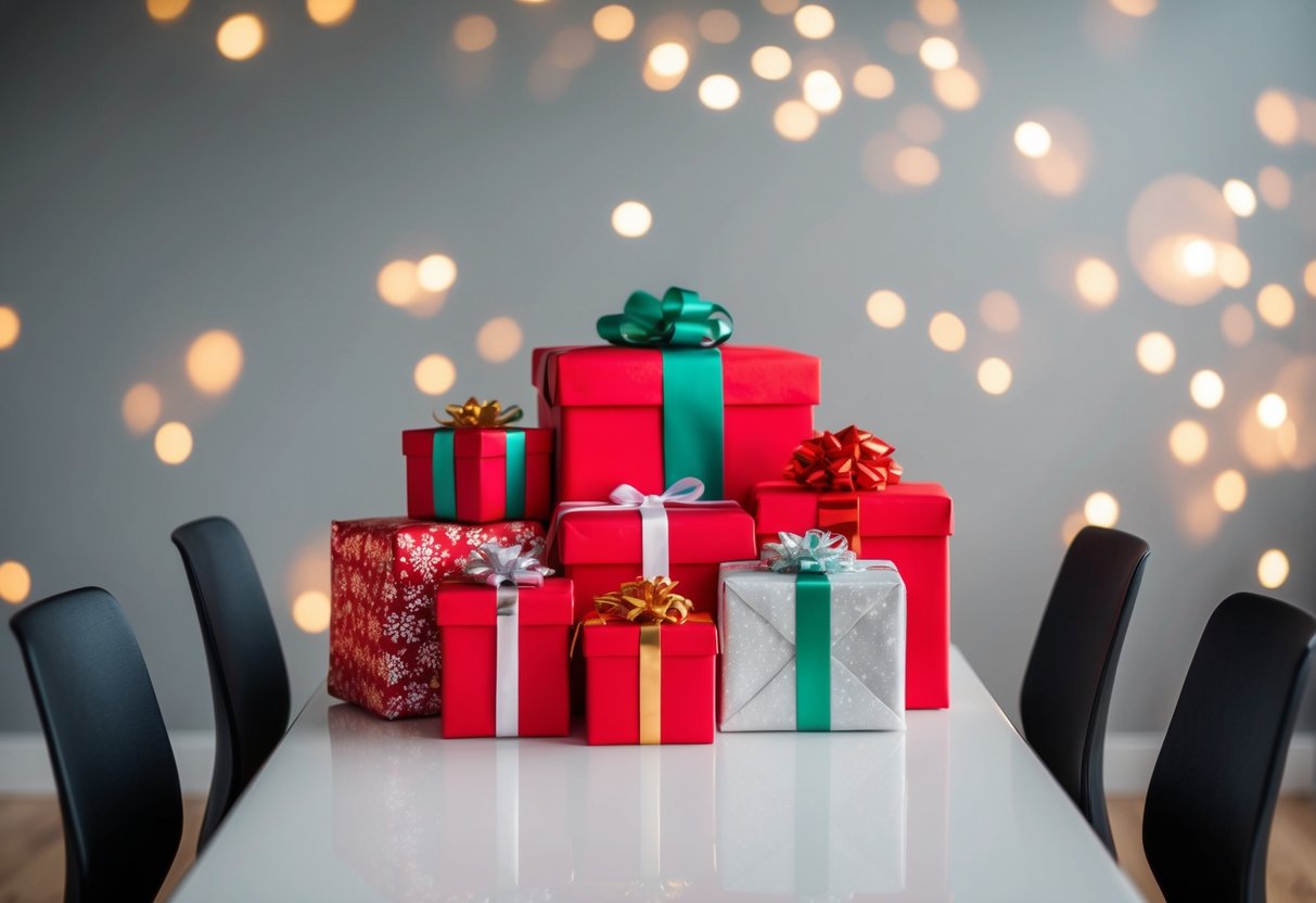 A table filled with wrapped gifts, surrounded by empty chairs