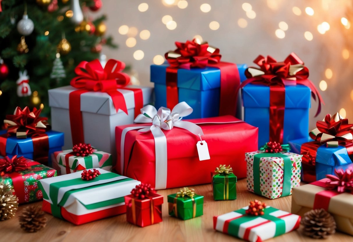 A table filled with wrapped presents and gift bags, surrounded by festive decorations and flowers