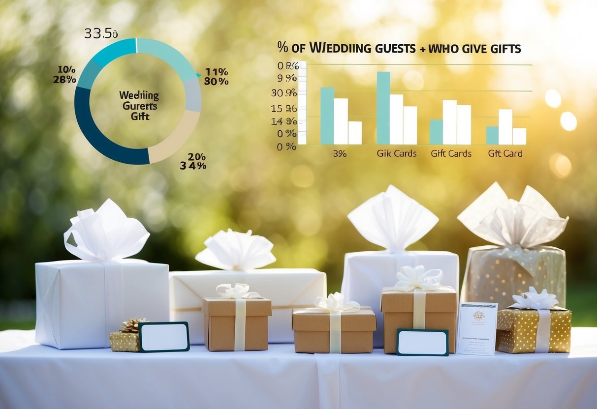A table with various wedding gifts, including wrapped packages, envelopes, and gift cards, with a chart showing the percentage of wedding guests who give gifts