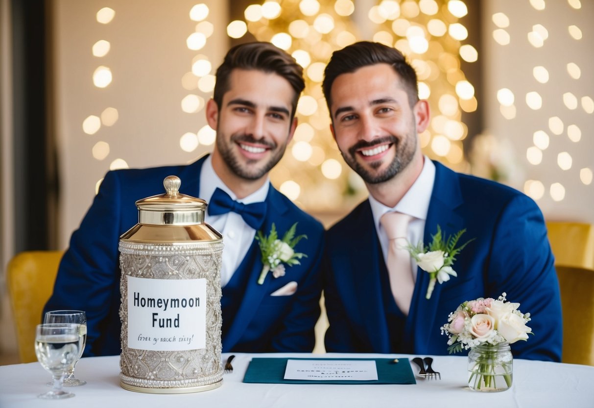 A bride and groom sit at a table with a decorative honeymoon fund jar and a sign politely suggesting contributions