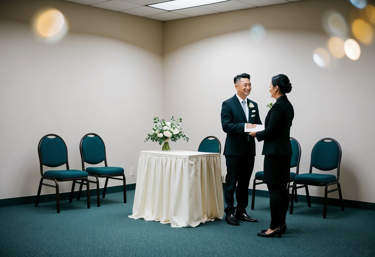 A simple room with a table, chairs, and a small stage for the couple. A registrar stands ready to officiate the wedding