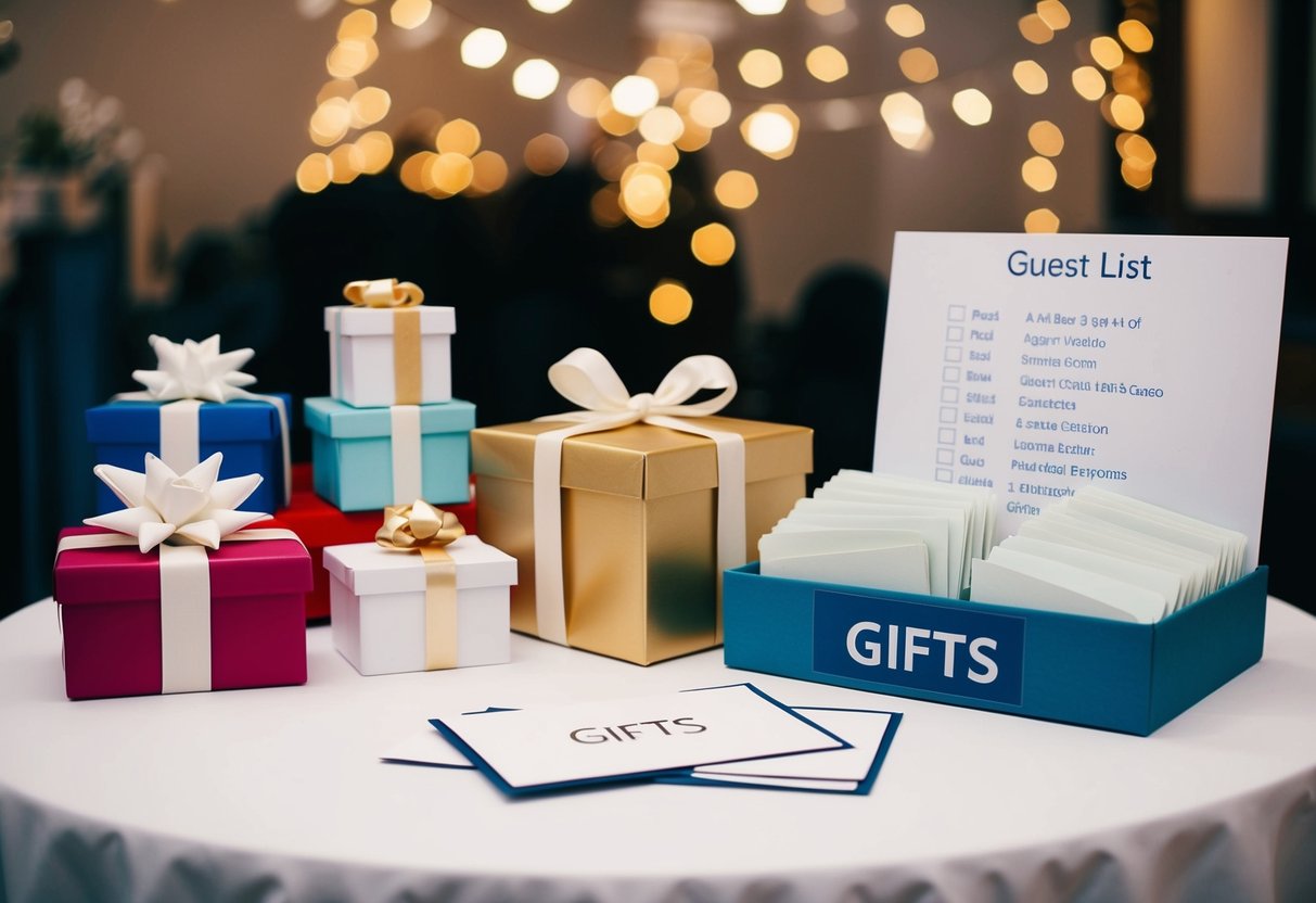 A table with various gifts and a stack of envelopes labeled "gifts" next to a wedding guest list