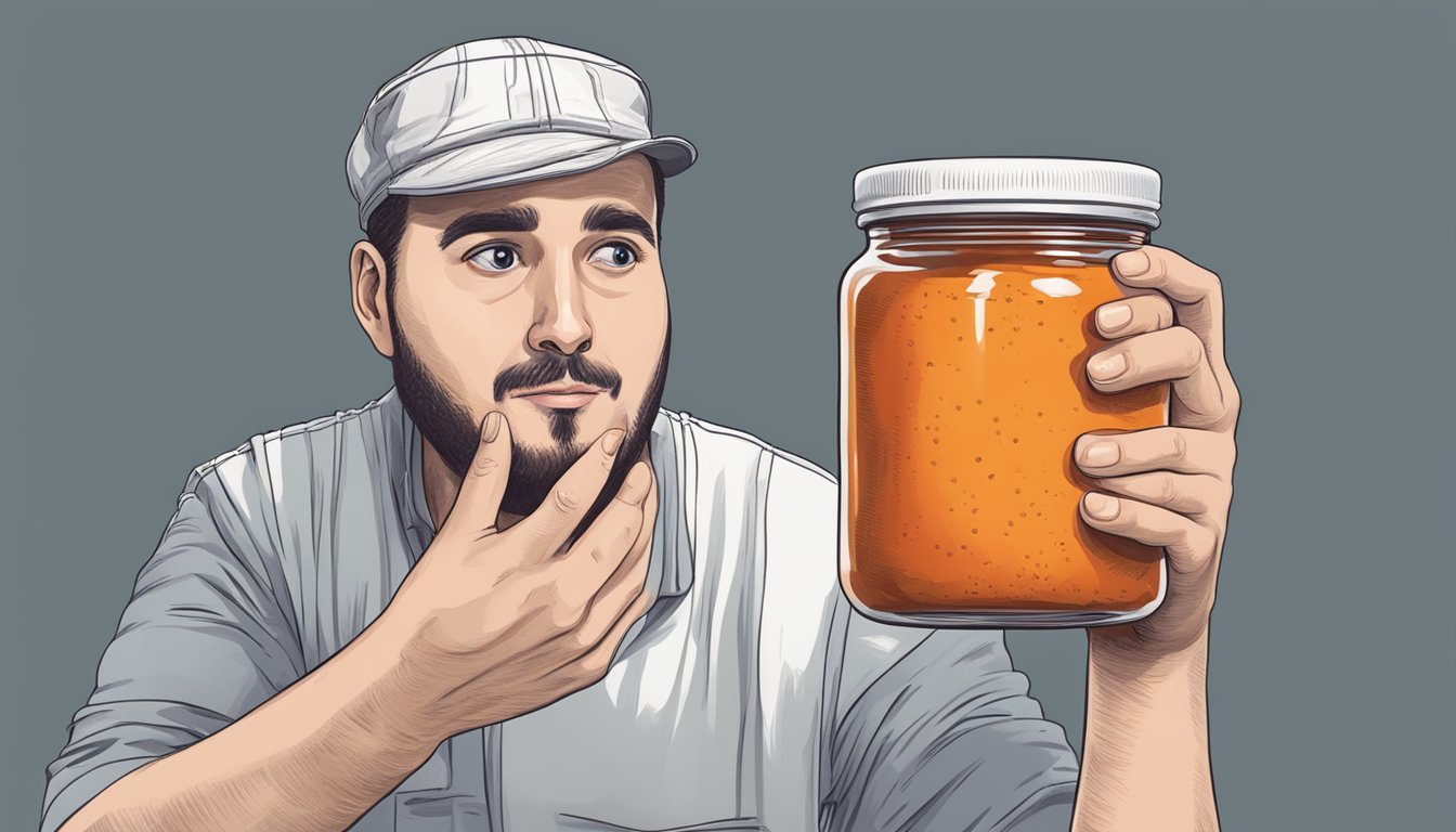 A person holding a jar of expired paprika with a questioning expression