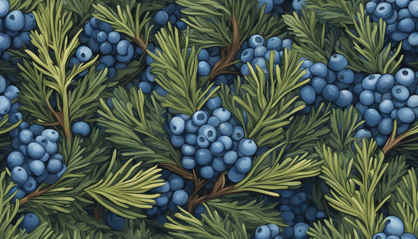 A lush forest floor with scattered juniper bushes, their branches heavy with clusters of vibrant blue juniper berries