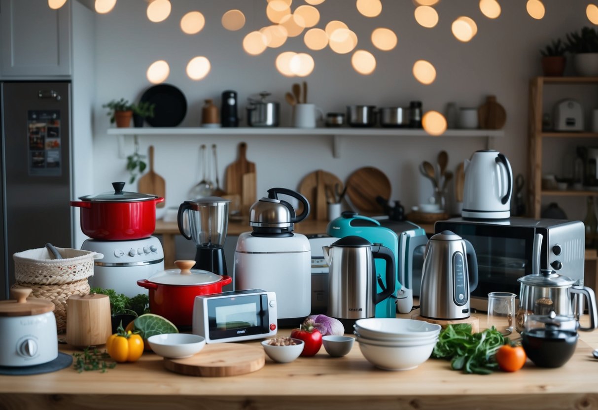 A table filled with various kitchenware, appliances, and home decor items