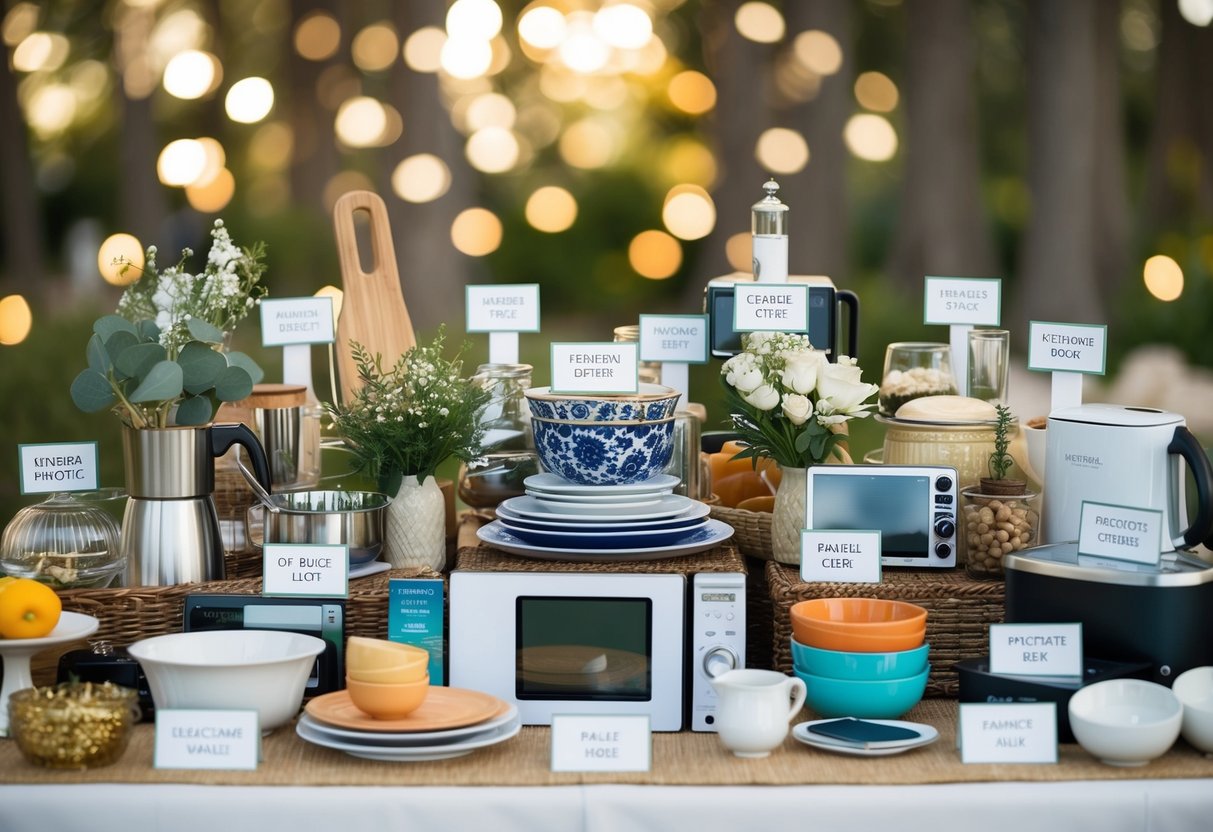 A table adorned with an array of kitchenware, home decor, and electronics, all neatly arranged and labeled for a wedding registry