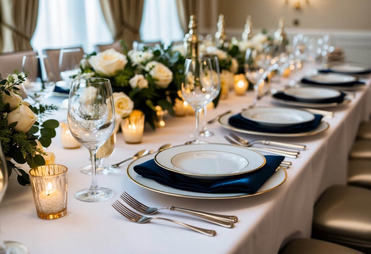 A beautifully set table with elegant dinnerware, glassware, and silverware, alongside luxurious linens and decorative centerpieces