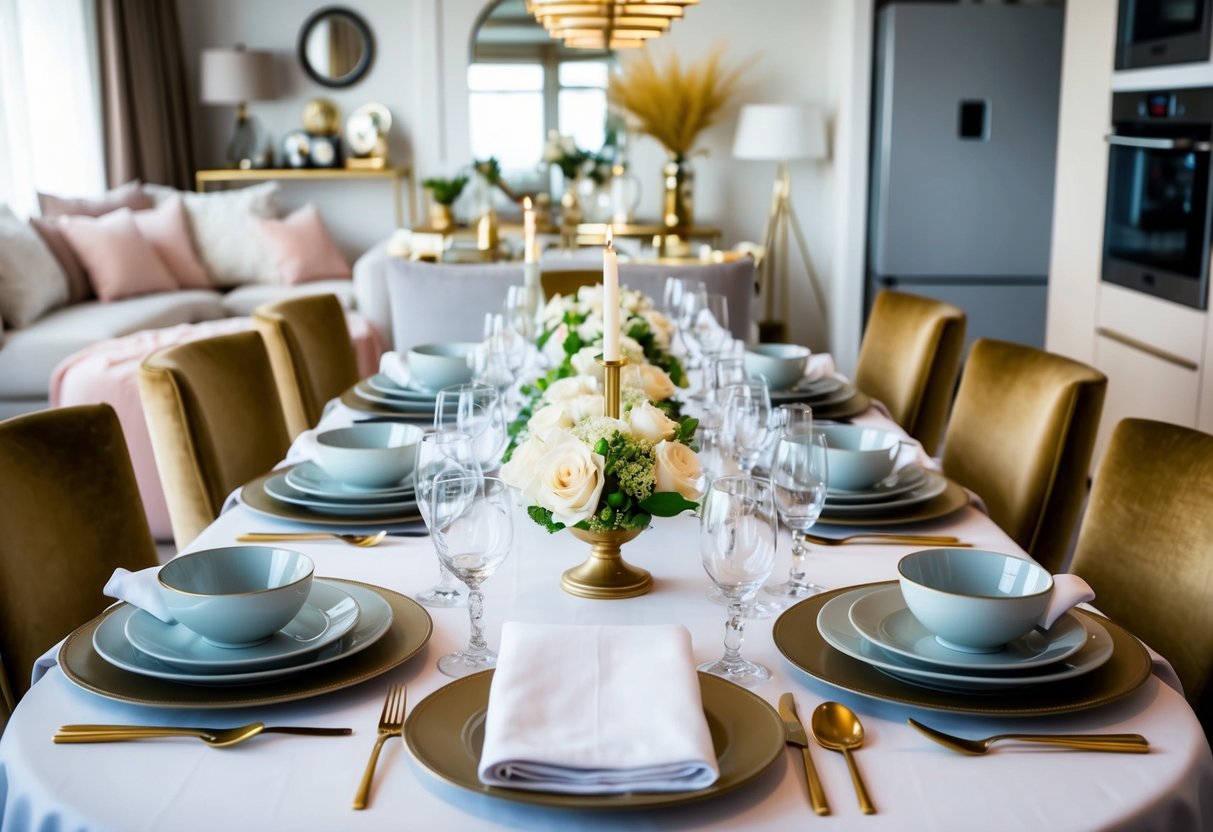 A beautifully set table with elegant dinnerware, glassware, and cutlery, surrounded by luxurious home items like bedding, kitchen appliances, and decorative accents