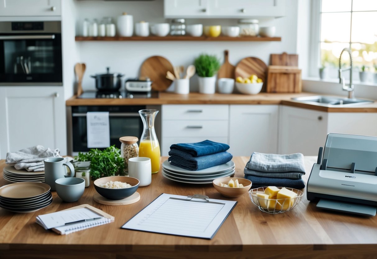 A table covered with assorted kitchenware, linens, and home goods. A scanner and registry list sit nearby