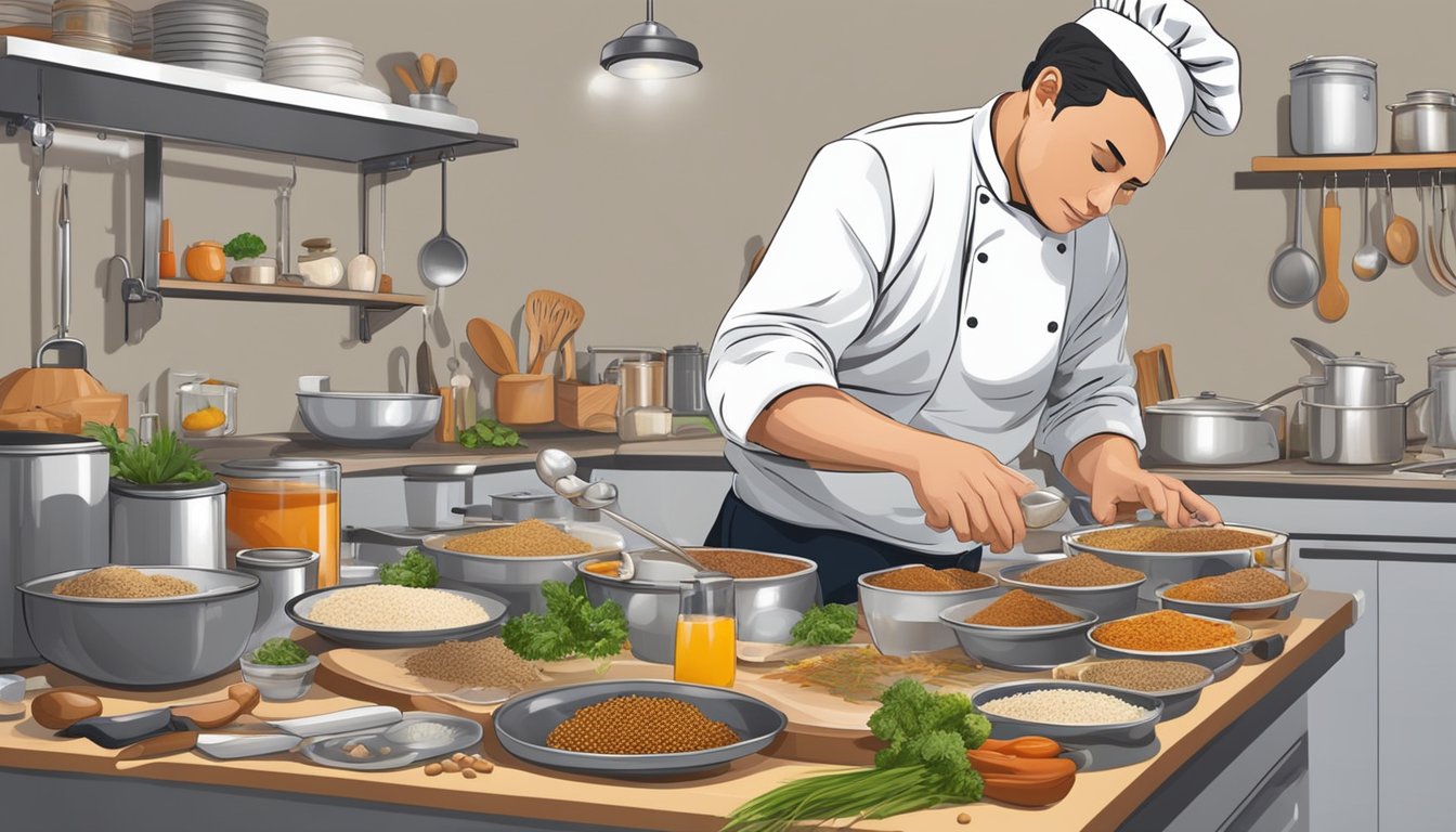 A chef prepares a dish with mealworms in a professional kitchen, surrounded by various cooking utensils and ingredients