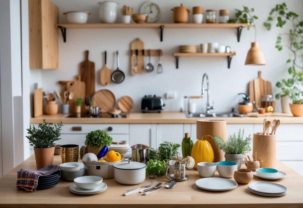 A table with a variety of household items, from kitchenware to decor, displayed neatly and organized