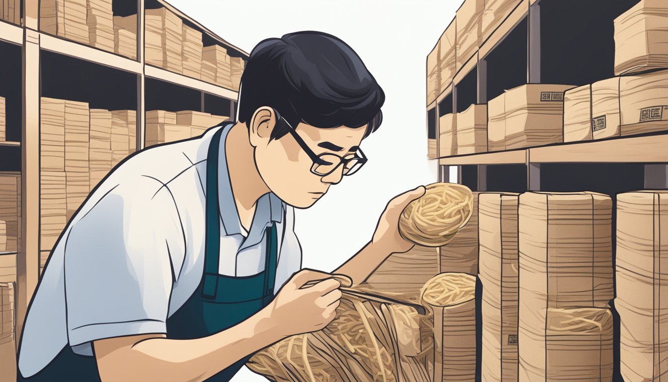 A person examining a package of expired soba noodles with a concerned expression