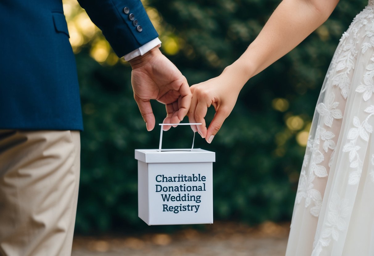 A couple holding hands and pointing to a charitable donation box instead of a traditional wedding registry