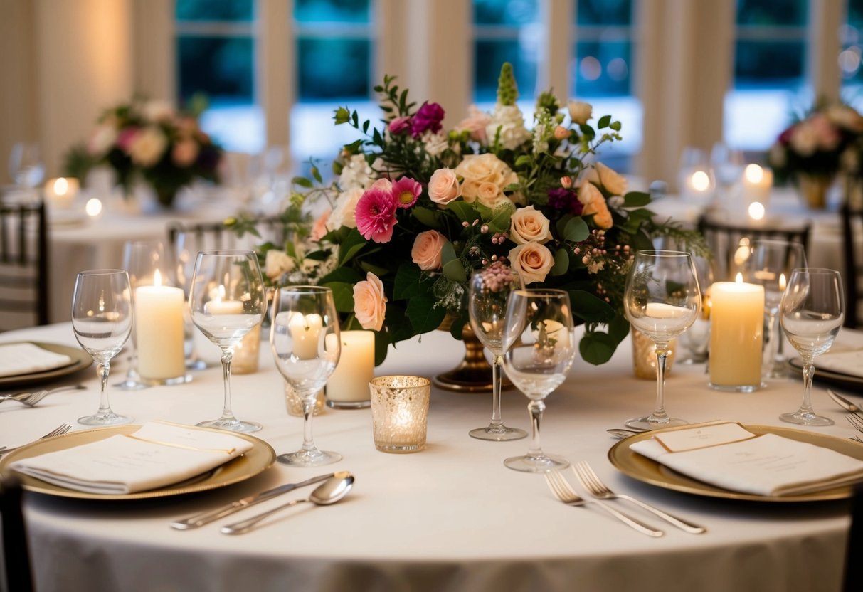A beautifully set table with elegant dinnerware, glassware, and silverware, surrounded by floral centerpieces and soft candlelight